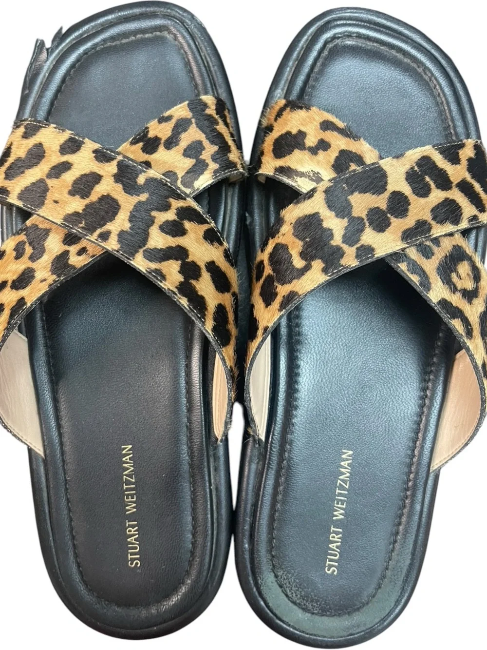 Stuart Weitzman Elodie Leopard Print Cross Lug Slide Sandals Black